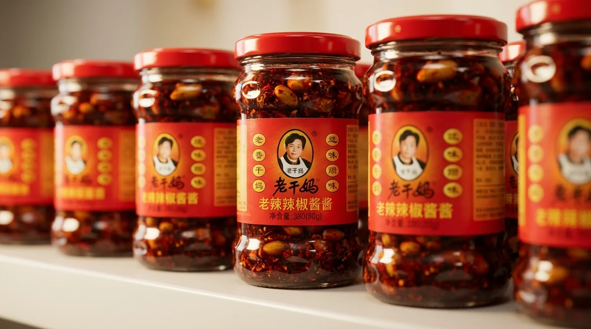 展示老干妈辣椒酱瓶身特写与红油质感的商业摄影图，本图由AI生成