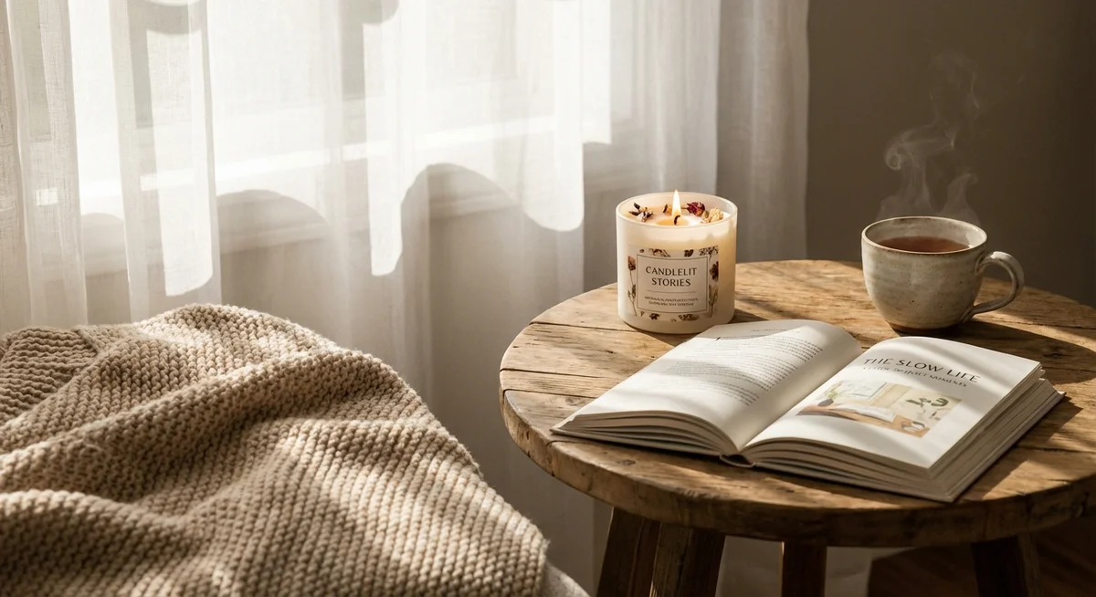 展示温馨居家角落中香薰蜡烛与书籍的静物摄影，本图由AI生成