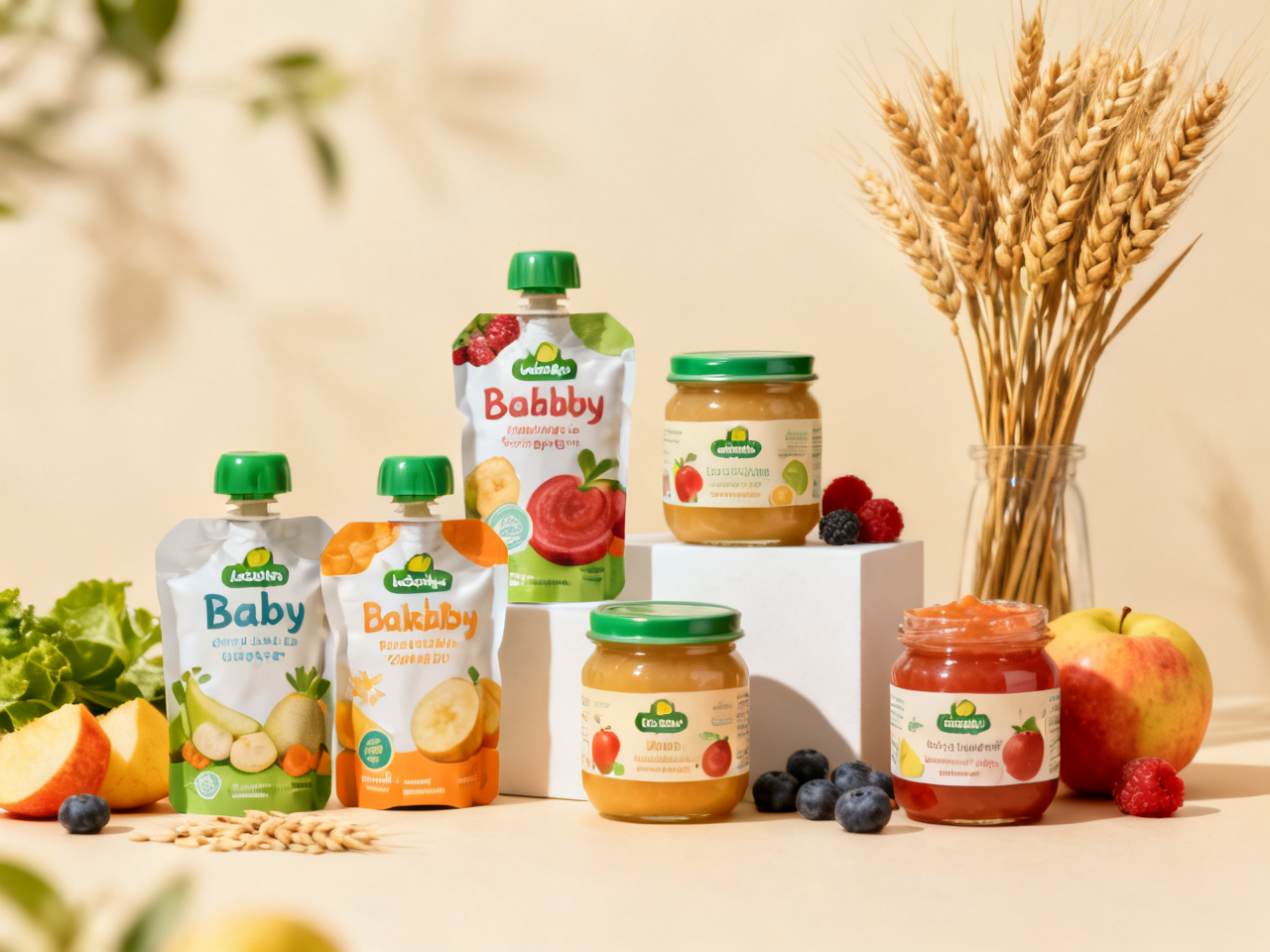 展示高端婴童零辅食产品包装与有机食材静物特写的商业摄影，本图由AI生成