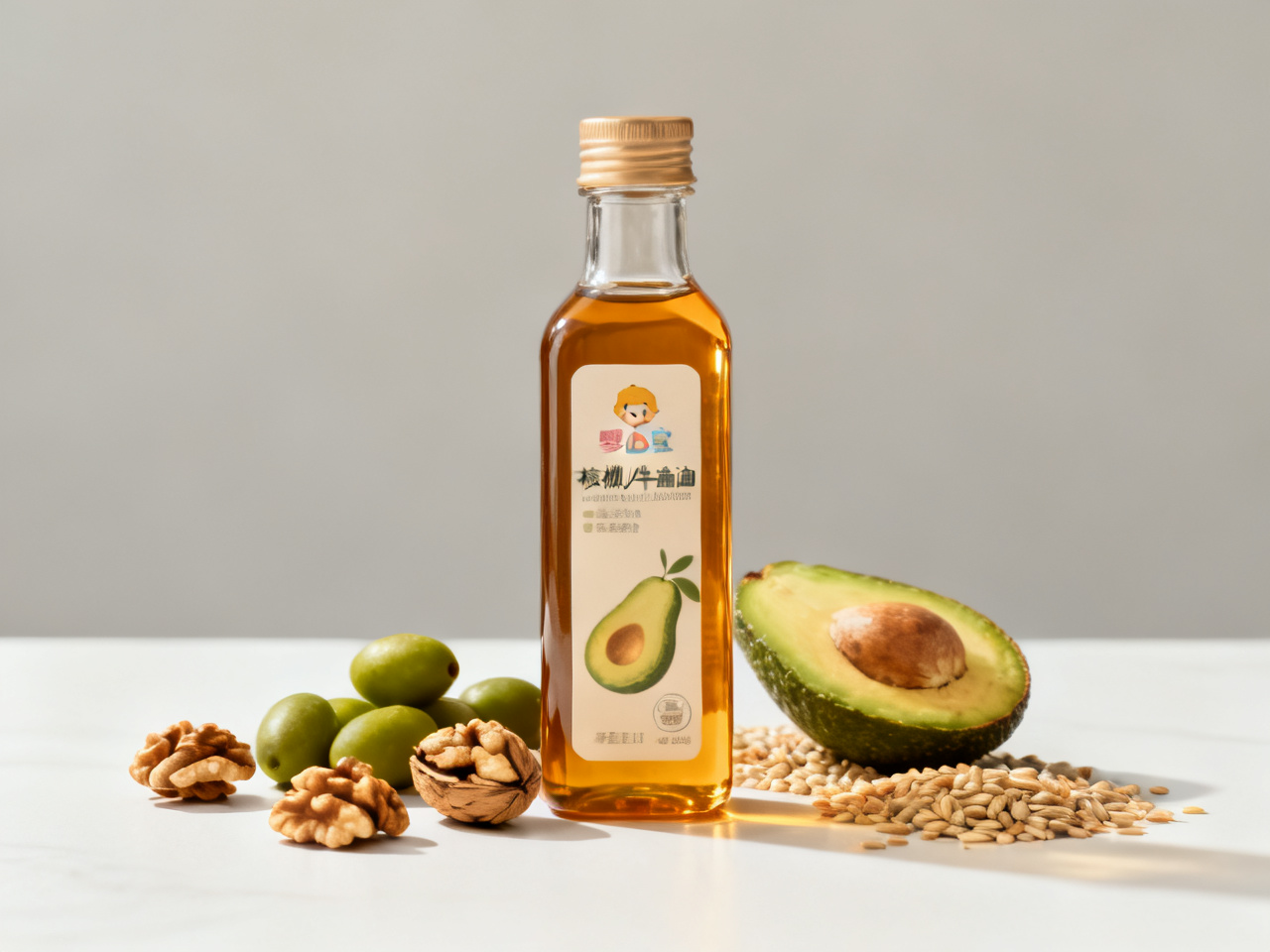 展示高端婴童辅食核桃油及有机原料的商业静物摄影，本图由AI生成