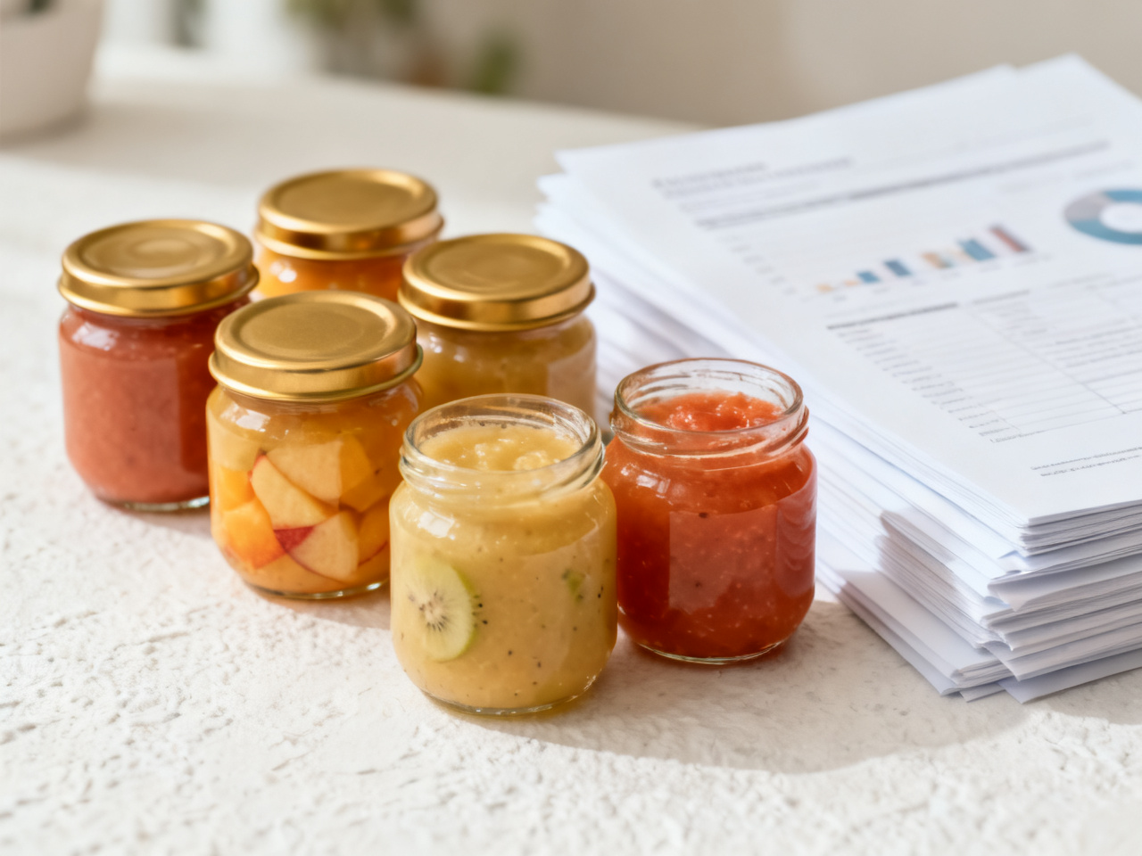 展示高端婴童食品罐与商业文件摆放的静物摄影，本图由AI生成