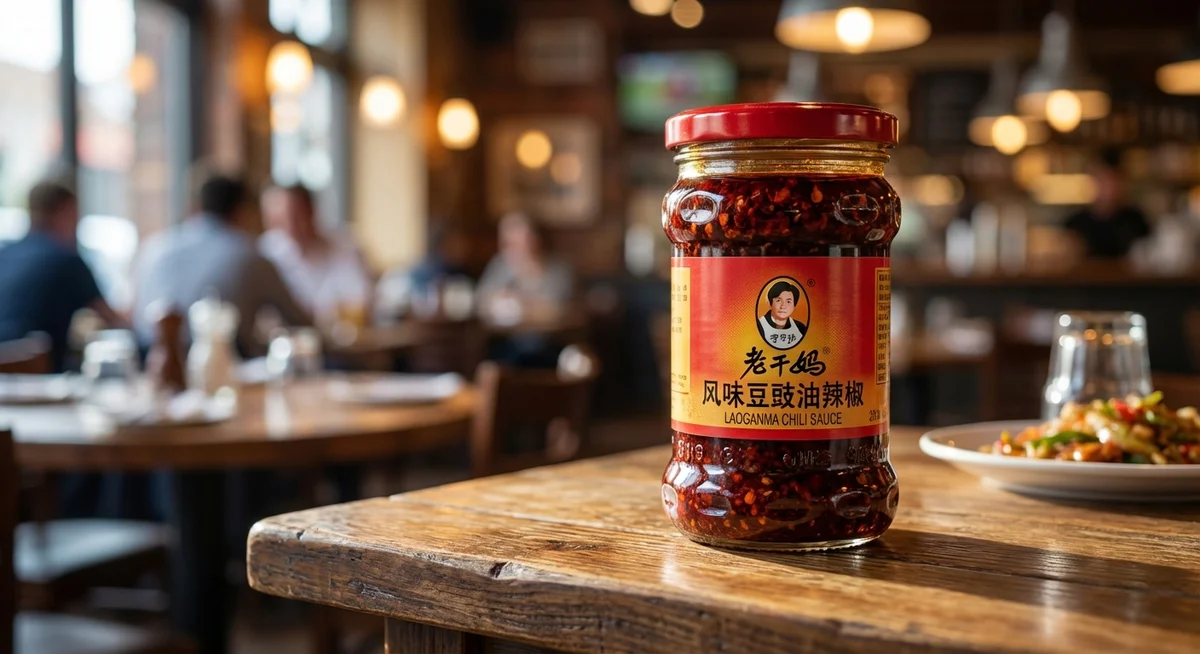 展示老干妈辣酱在餐饮店桌面上特写的商业摄影图，本图由AI生成