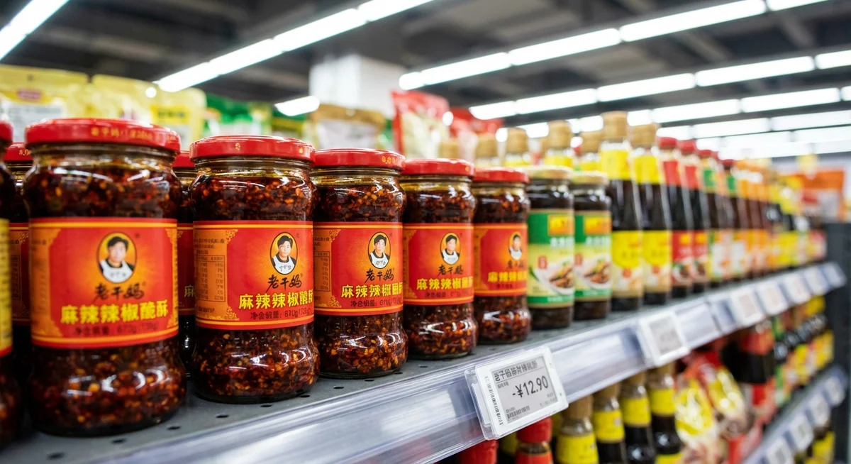 展示超市货架上整齐陈列的老干妈辣酱产品的商业摄影图，本图由AI生成