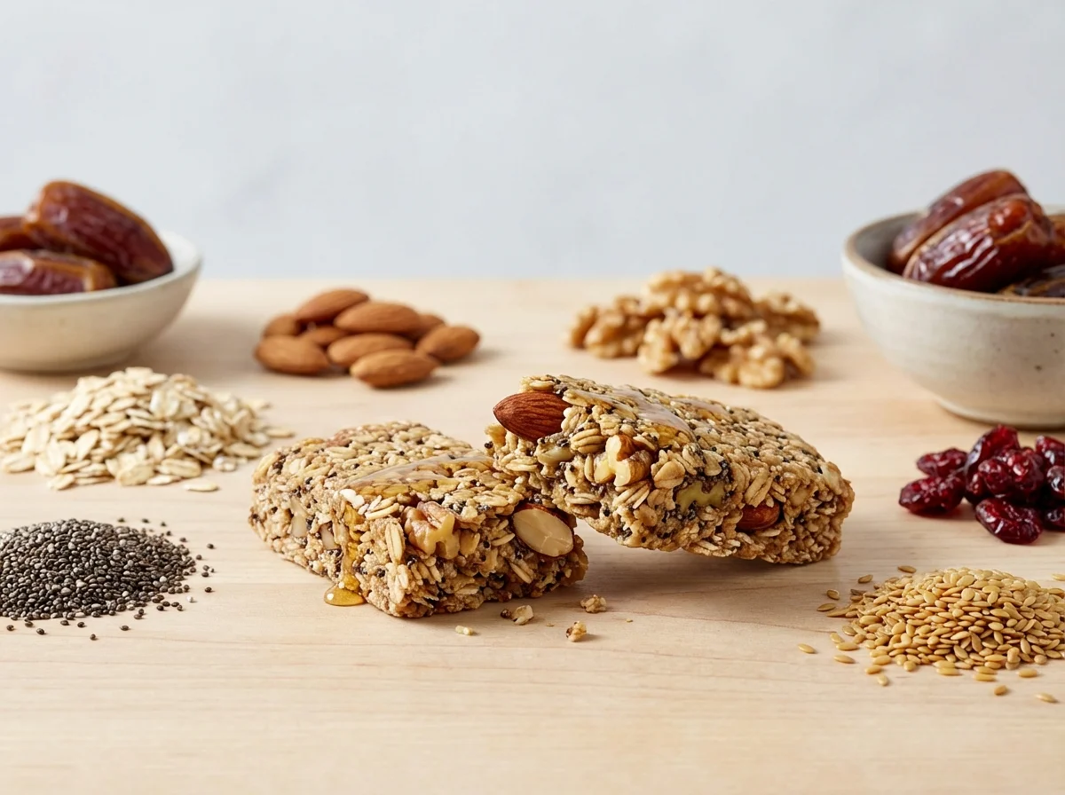 展示由燕麦坚果等丰富配料组成的健康食品静物摄影，本图由AI生成