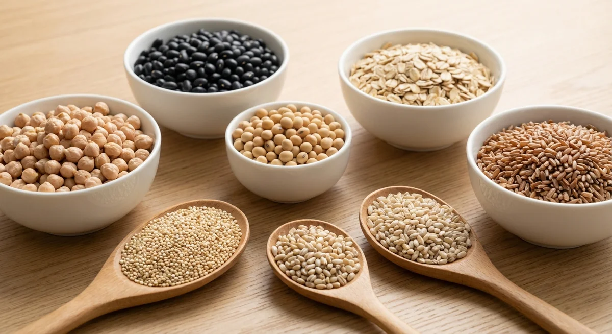 展示鹰嘴豆、黑豆和燕麦等低GI健康食材的商业静物摄影，本图由AI生成