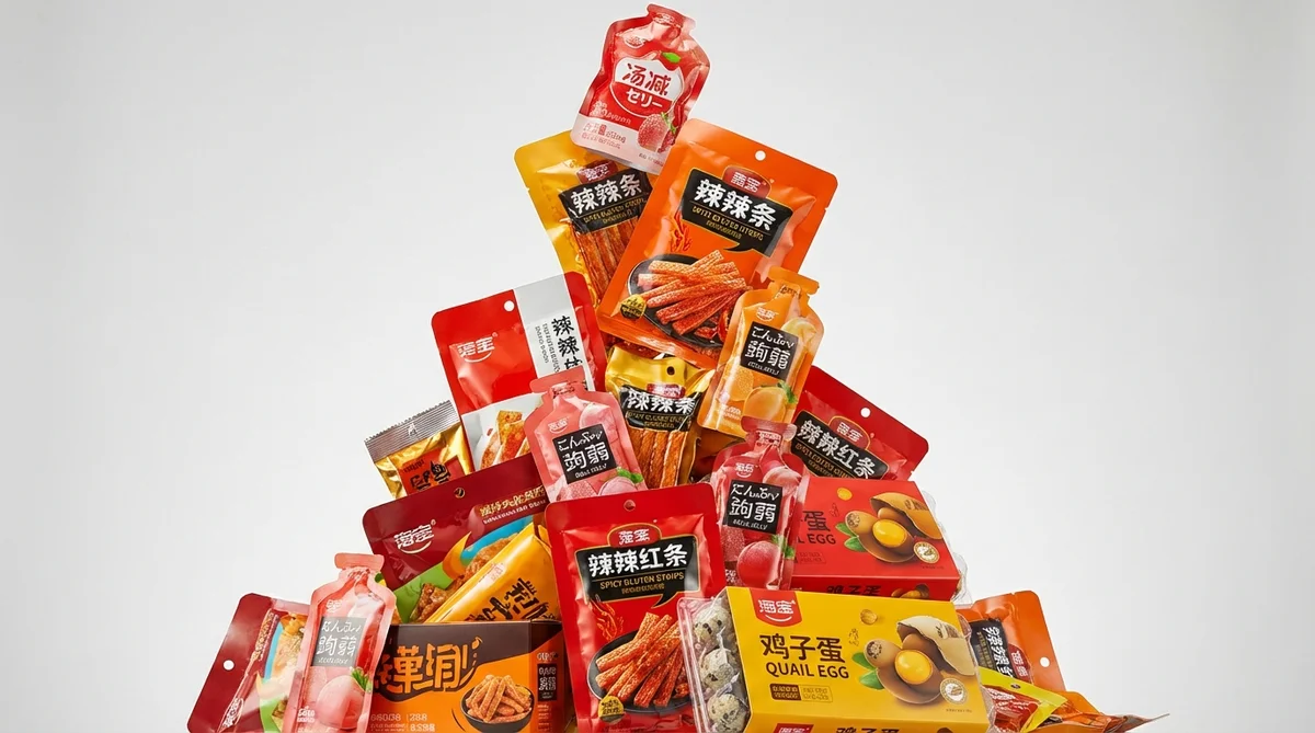 展示呈上升趋势堆叠的现代化休闲零食包装袋的商业静物摄影，本图由AI生成