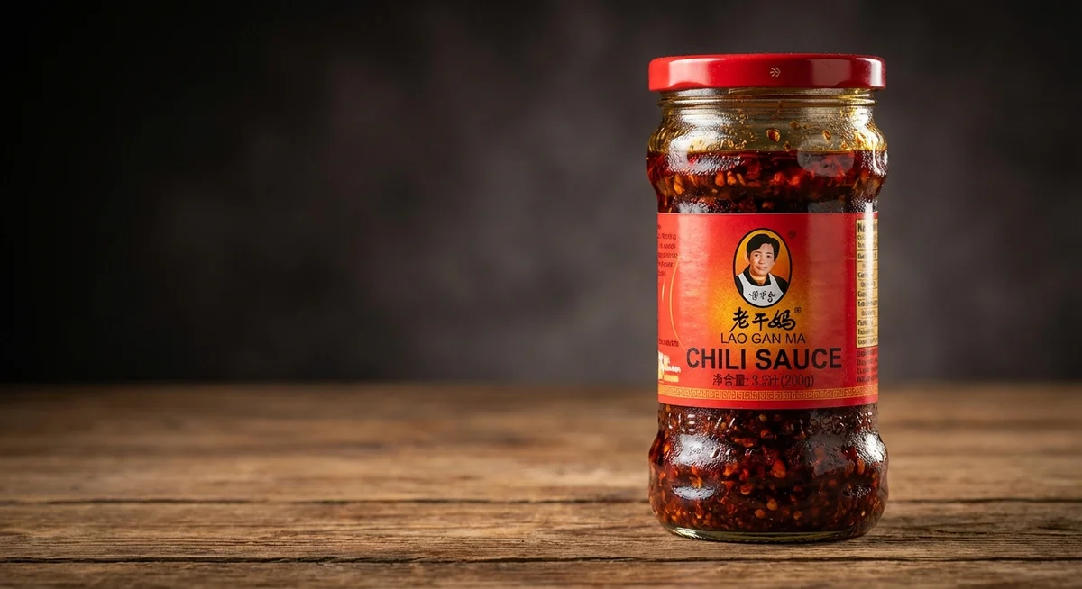 展示老干妈辣酱瓶身特写的商业静物摄影，本图由AI生成